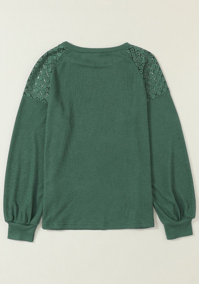 Lace Round Neck Lantern Sleeve Top