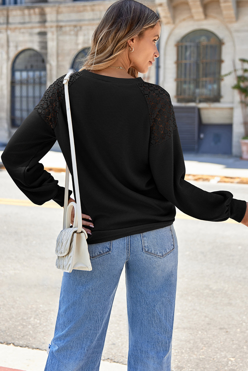 Lace Round Neck Lantern Sleeve Top