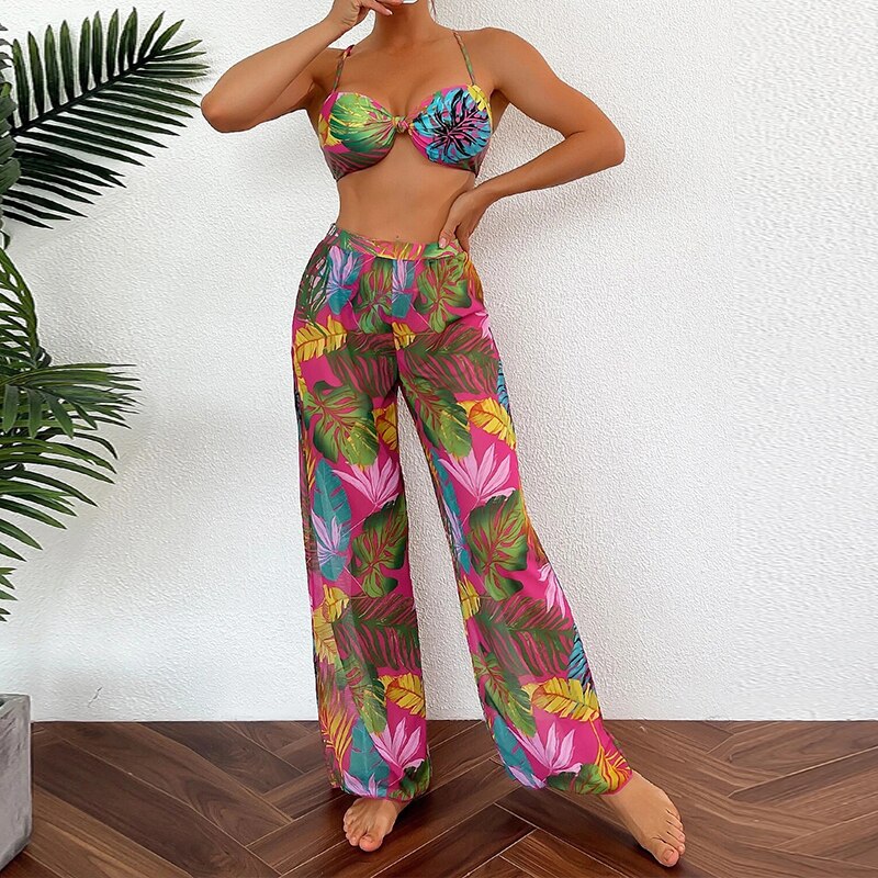 Leaves Print Swimsuit Bathing Suit Bikini Set With Chiffon Pants