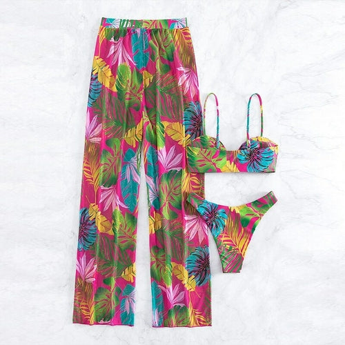 Leaves Print Swimsuit Bathing Suit Bikini Set With Chiffon Pants