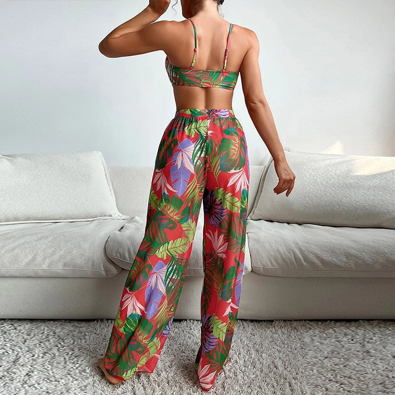 Leaves Print Swimsuit Bathing Suit Bikini Set With Chiffon Pants