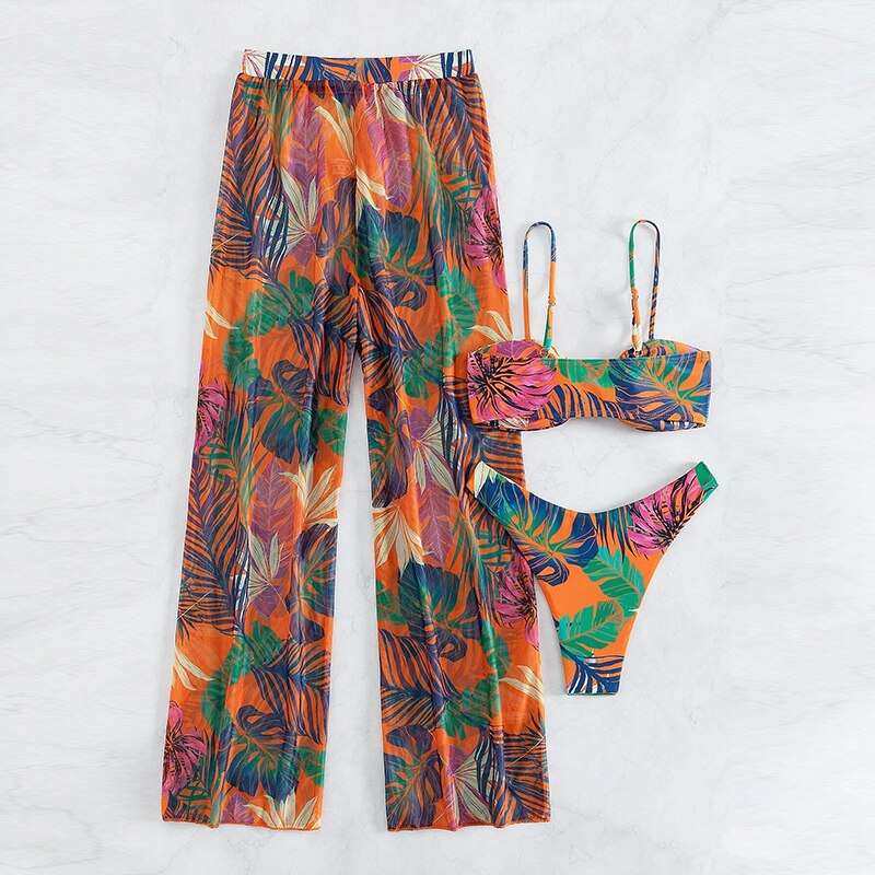 Leaves Print Swimsuit Bathing Suit Bikini Set With Chiffon Pants