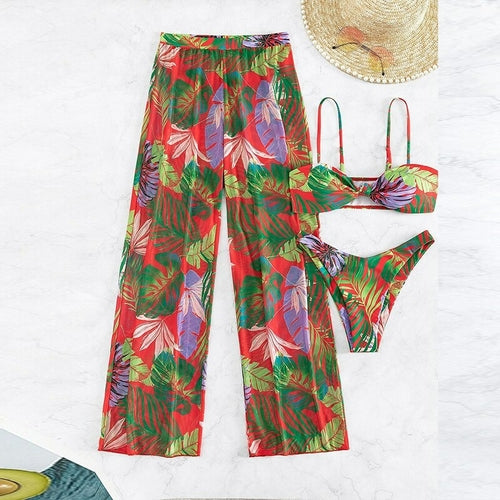 Leaves Print Swimsuit Bathing Suit Bikini Set With Chiffon Pants