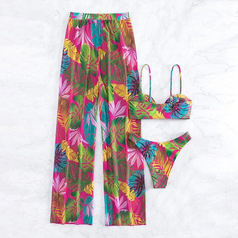Leaves Print Swimsuit Bathing Suit Bikini Set With Chiffon Pants