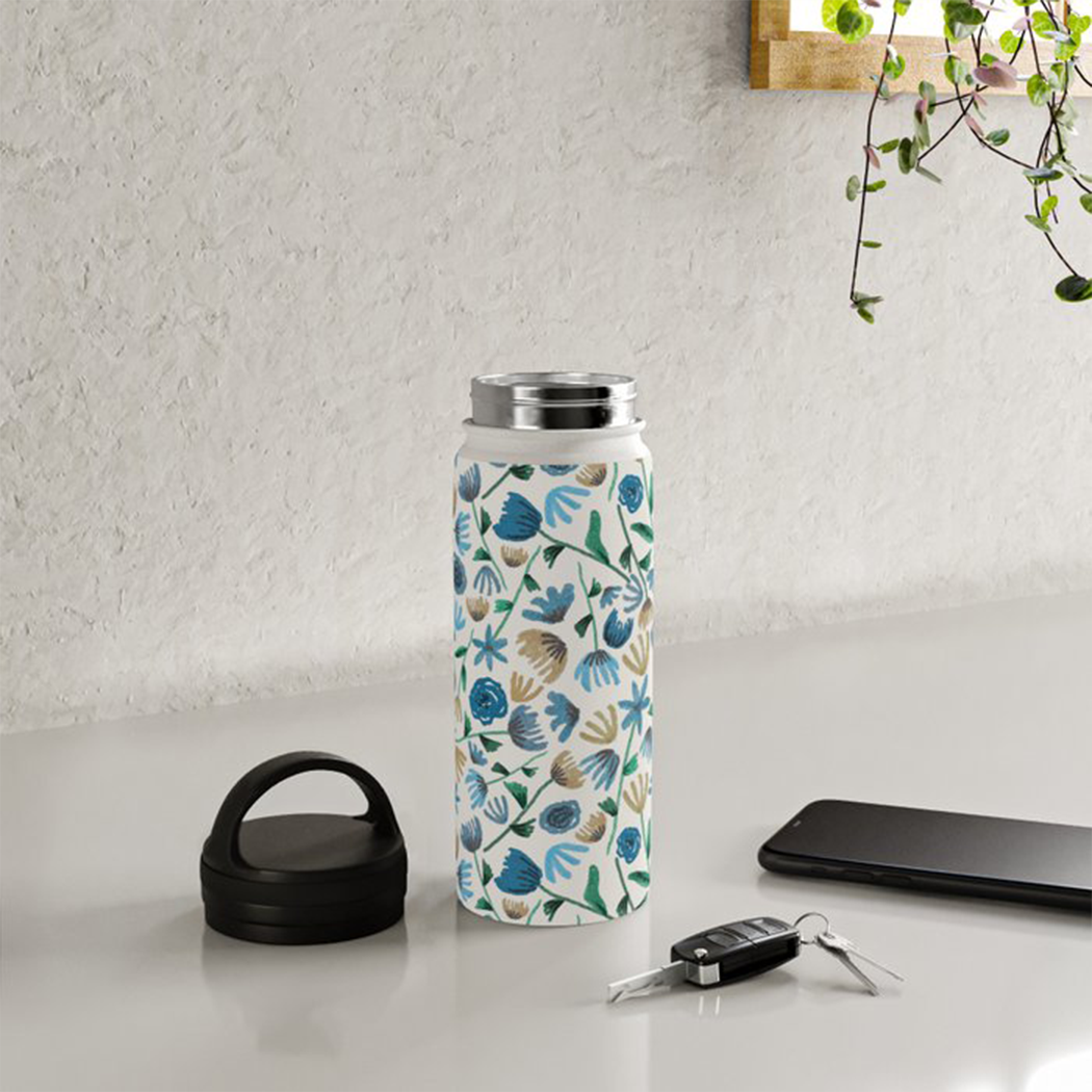 Blue Ink Floral Water Bottle