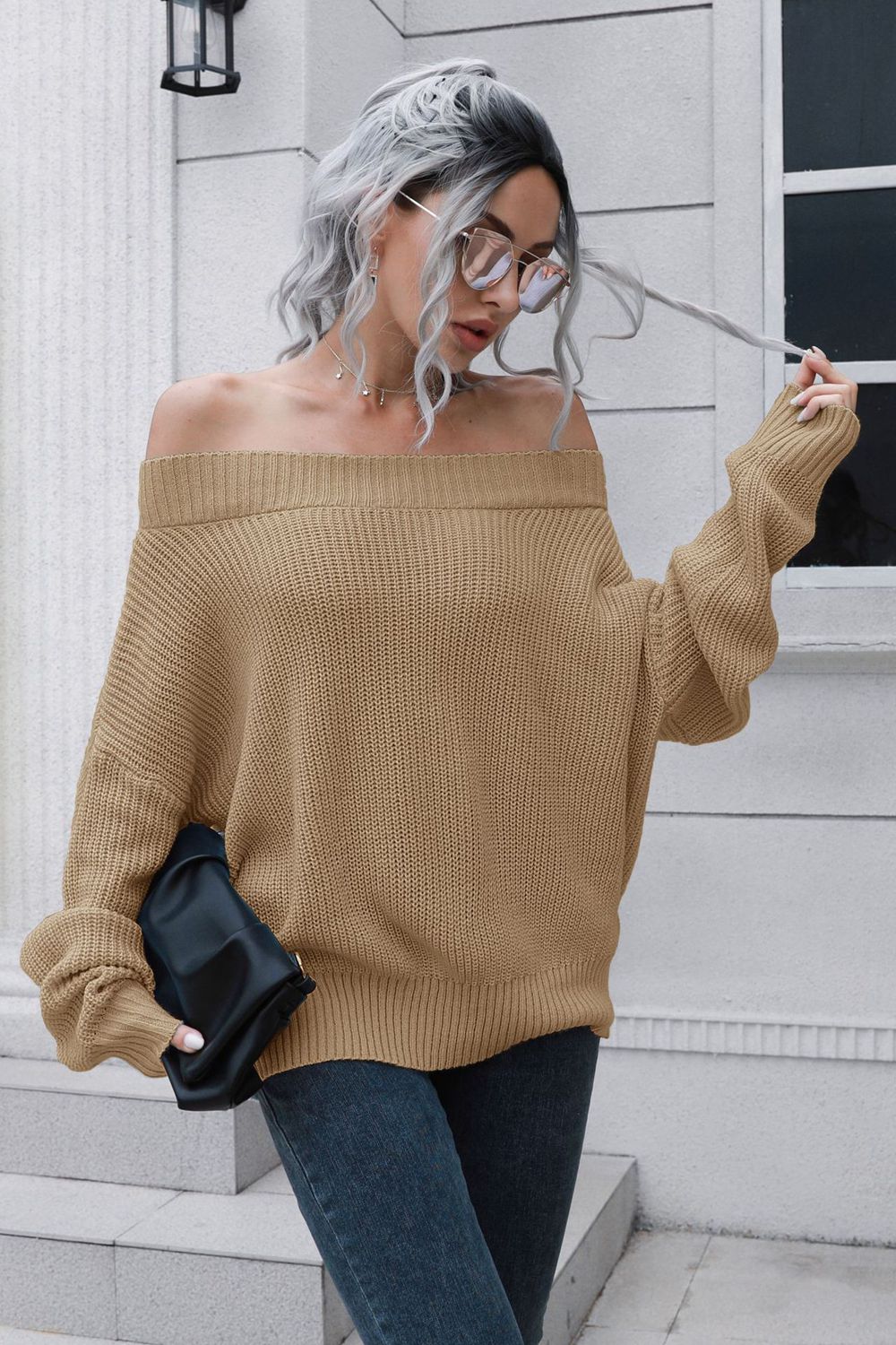Off-Shoulder Ribbed Pullover Sweater