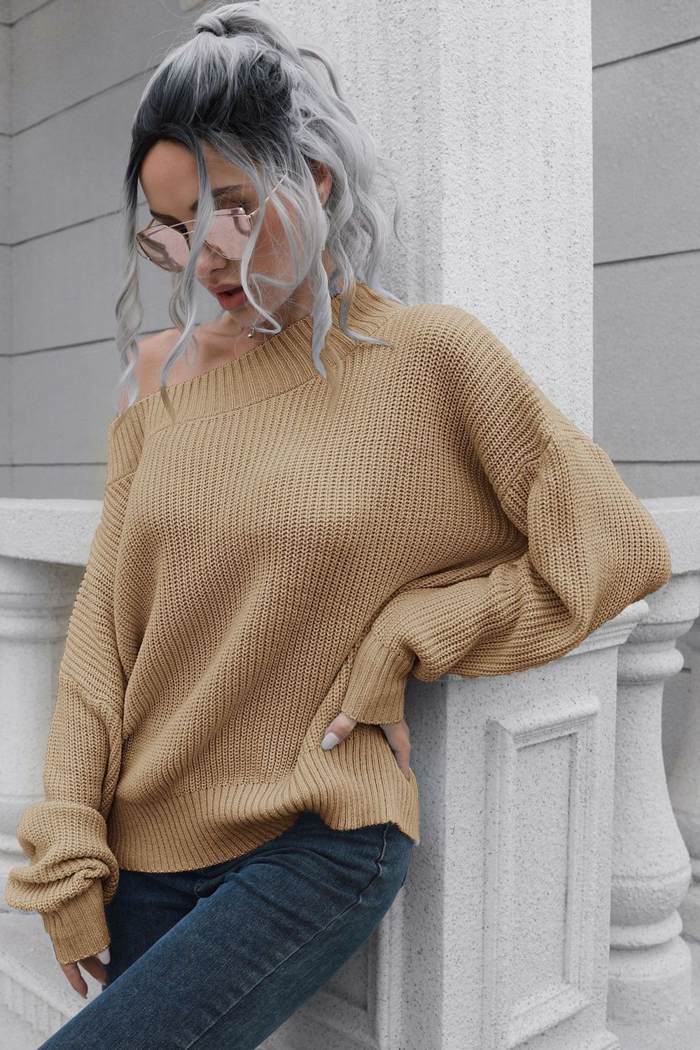 Off-Shoulder Ribbed Pullover Sweater