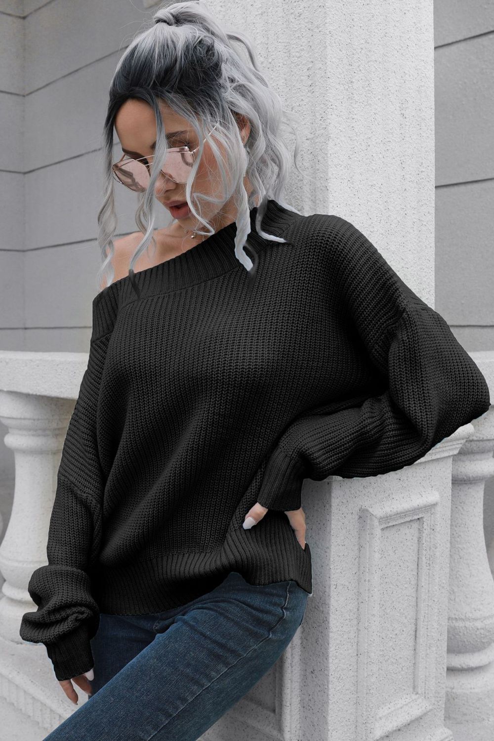 Off-Shoulder Ribbed Pullover Sweater