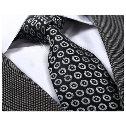 Men's Fashion Black Silver Circles Squares Neck Tie
