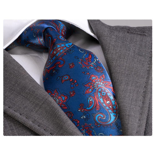 Men's Fashion Blue Red Paisley Silk Neck Tie