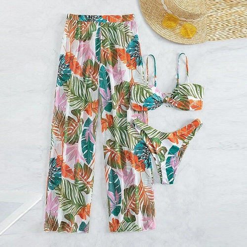 Leaves Print Swimsuit Bathing Suit Bikini Set With Chiffon Pants