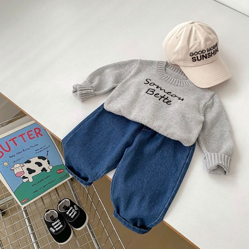 Autumn Baby Kids Boys Letters Embroidery Pattern Knitted Crew Neck