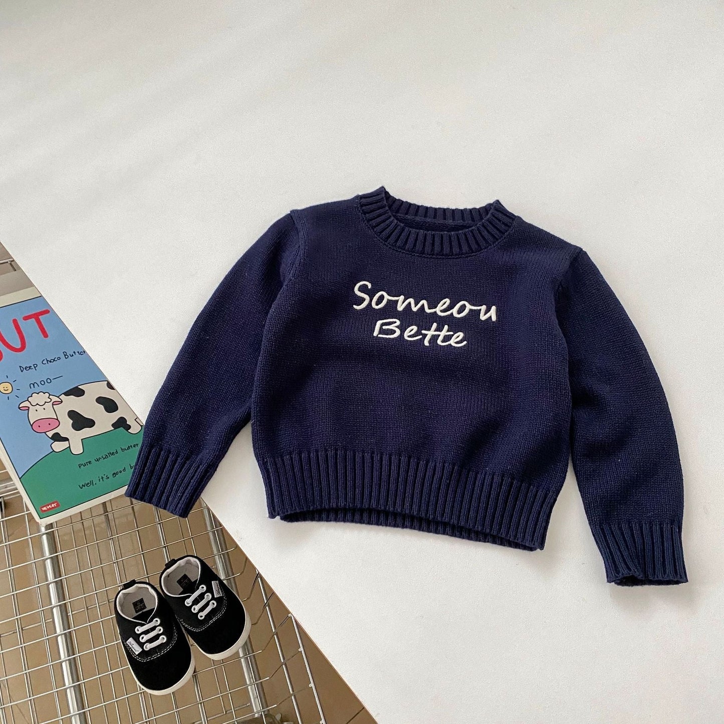 Autumn Baby Kids Boys Letters Embroidery Pattern Knitted Crew Neck