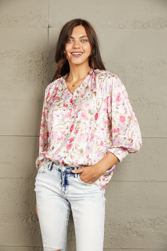 Double Take Floral V-Neck Long Sleeve Shirt