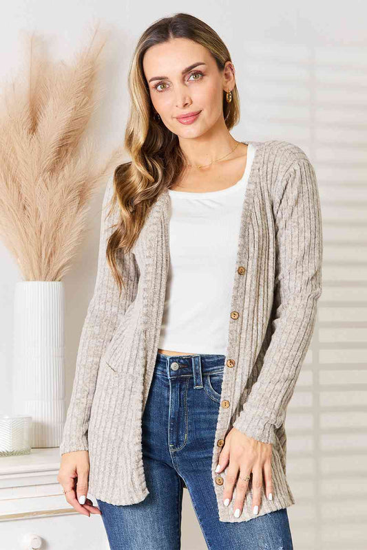 Tawny Ribbed Button-Up Cardigan with Pockets